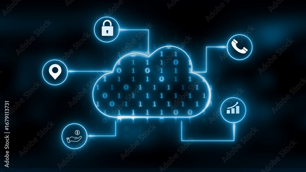 Neon Blue Cloud Computing Network with Location and Money Icons ...