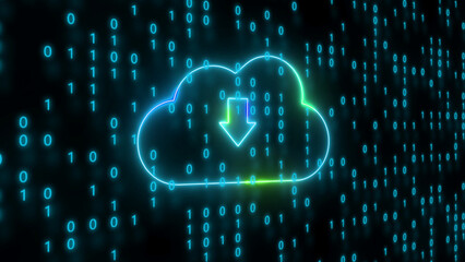Blue and Green Neon Cloud Icon with Download Arrow on Binary Code Background cloud computing data transfer