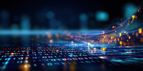 Digital data flow with glowing binary code and abstract wave lines in futuristic technology background