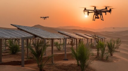 Solar photovoltaic panel theme, sand - fixing vegetation planted below the photovoltaic panel array in the desert, drones patrolling in the distance, background is orange sunset and dune contours 