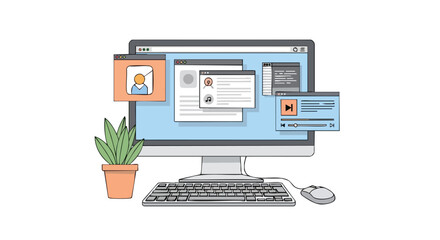 Desktop setup illustration displaying various application windows and a houseplant suggesting a productive workspace environment