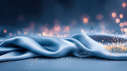 Delicate blue satin fabric with sparkles and soft bokeh background