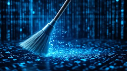 Futuristic data cleaning technology interface, sweeping blue binary code, erasing data. 4k video