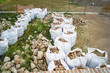 © tanyatorgonskaya - Bricks collected in bags and a pile of stones lying next to them after restoration. Architecture renovation concept: selective dismantling, salvage for reuse and heritage-friendly building methods