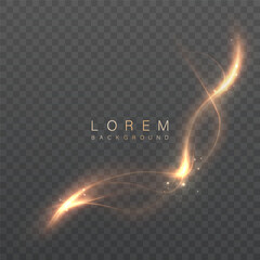 Wall Mural - golden glowing swirl with sparkles on dark background. abstract light wave in vector format with edi