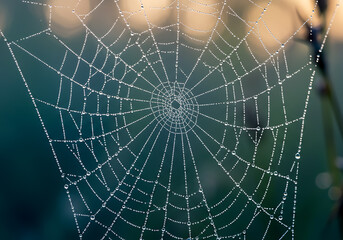 Spiderweb glistening with dew drops, creating a delicate pattern against a blurred green and gold background.