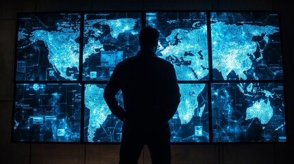 Hacker analyzes global data map digital environment high-tech surveillance cybersecurity concept