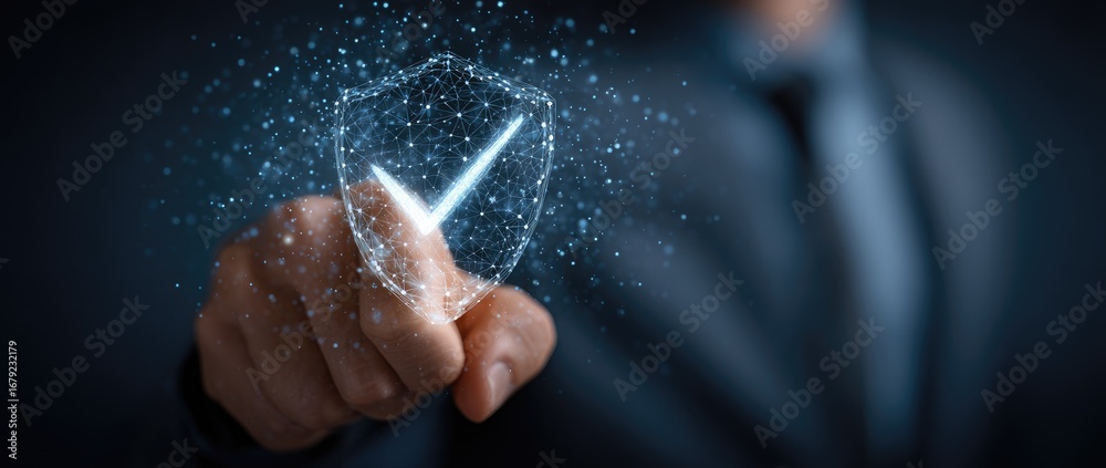 Businessman touching a glowing shield icon with a checkmark for ...