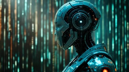 Futuristic robot in a digital matrix, side view. High-tech, sci-fi style. 4k video