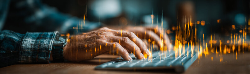 Man types on keyboard with digital overlay. Concept: technology, innovation, connectivity. For marketing, design, web, editorial use.