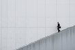 © DragonImages - Caucasian middle aged man walking down concrete stairs carrying briefcase against large wall, business professional descending steps in urban environment, side view