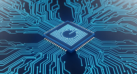 Glowing Blue Digital Circuit Board with Central Processor Unit and Data Flow