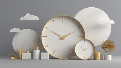 Minimalist clock scene with geometric shapes