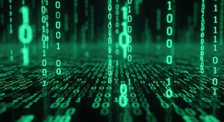 Digital rain of binary code falling on a dark surface in shades of green light
