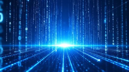 Abstract blue digital binary code stream background with shining floor and light beams