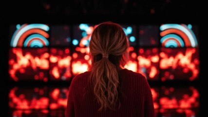 Woman stare at array of digital screen displaying abstract red and blue graphic information technology