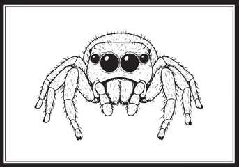 Black and white vector illustration of a cute jumping spider wit