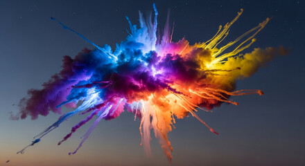 A spectacular burst of vibrant, multi-colored powder exploding against a dark twilight sky, creating a dynamic and energetic visual display.