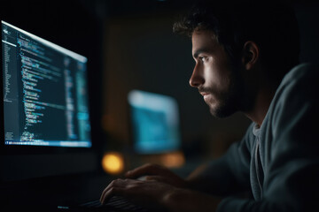 indian male coder working late in dark room with glowing screen
