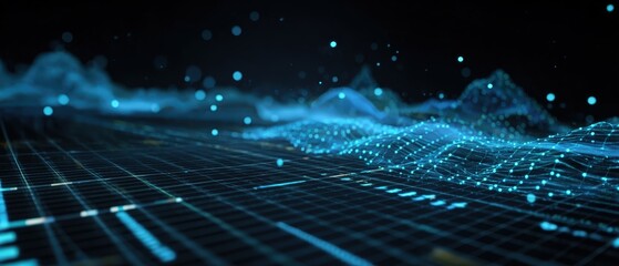 KPI dashboard abstract visualization, glowing data nodes, clean grid, blue-cyan palette, tech minimalism, copy space 