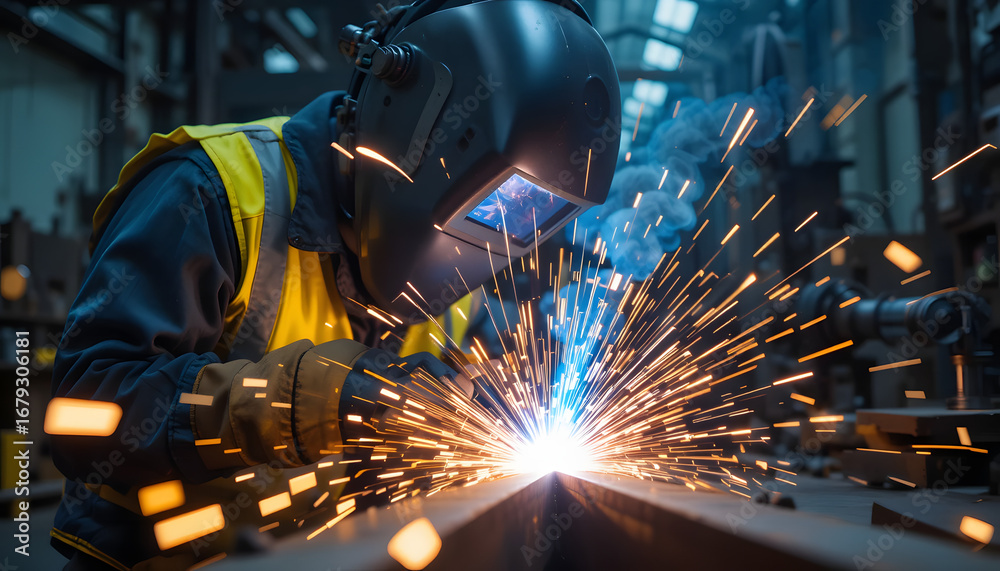 Industrial welder in protective gear welding a metal beam with bright sparks in a factory