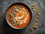 Food photography: pumpkin soup bowl, seeds, creme swirl, slate background, overhead