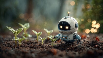 Cute robot tending young plants in a lush garden