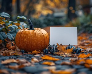 Wall Mural - a festive autumn display showcases an orange pumpkin small gourds and colorful fall leaves surroundi