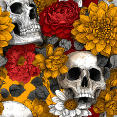 Wall Mural - Skull and Flowers Seamless Background