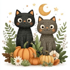 Naklejka na meble Two Adorable Black and Gray Kittens Among Pumpkins and Autumn Flowers Under a Crescent Moon