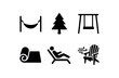 © Design Ful - flat black solid icon items isolated on white background: garden hammock forest tree swing rope blanket mat camp rest breeze