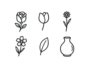 hand drawn cute doodle style line isolated on white background: rose flower tulip petal daisy bud lily stem blossom leaf spring vase