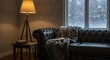 © m878 - Cozy winter living room scene with falling snow, a warm lamp, and a comfortable leather sofa by a window.