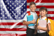 © New Africa - Children with backpacks and notebooks against flag of USA. Language school