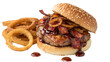 © Ronjon - Smoked bacon BBQ burger with barbecue sauce, crispy bacon, onion rings, sesame seed bun, white background, no text