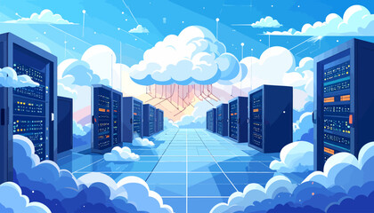Cloud computing data center with connected servers.