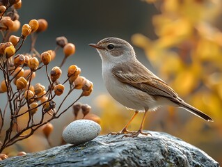 Wall Mural - a small songbird with brown and white feathers perches gently on a weathered rock surrounded by vibr