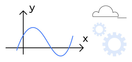 Wall Mural - Line graph with X and Y axes showing a wavy curve, accompanied by gears and cloud icon. Ideal for data analysis, statistics, innovation, efficiency, cloud computing, technology workflow. Simple flat
