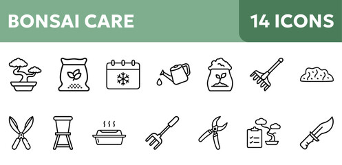 Bonsai care icon set with gardening elements 