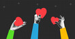 © Roman - People give hearts in halftone palm hand. Charity and donation concept in collage style with halftone elements. Vector.