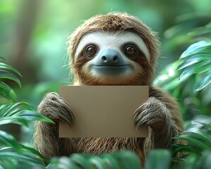 Wall Mural - a cute smiling sloth holds a blank brown sign ready for a personalized message surrounded by lush gr