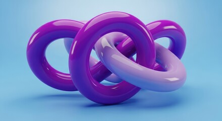 Wall Mural - Intertwined Purple Donut Shapes, Rounded Surface, 3D Rendering, Light Blue Background