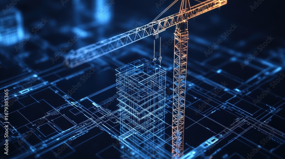 Zdjęcie bez tantiem: 3D architectural blueprint with construction crane ...