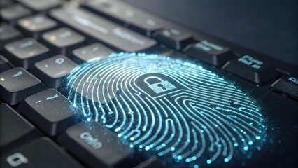 Digital fingerprint overlay on a keyboard representing cybersecurity.