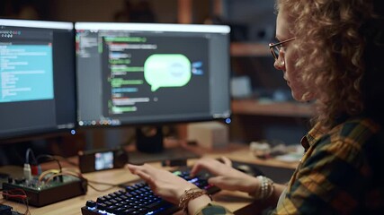 Focused Woman Types Code on Glowing Keyboard Surrounded by Tech in Cozy Warmly Lit Wood Paneled Office
