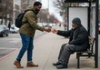 kind act young man giving hot drink to homeless man at bus stop on cold urban street