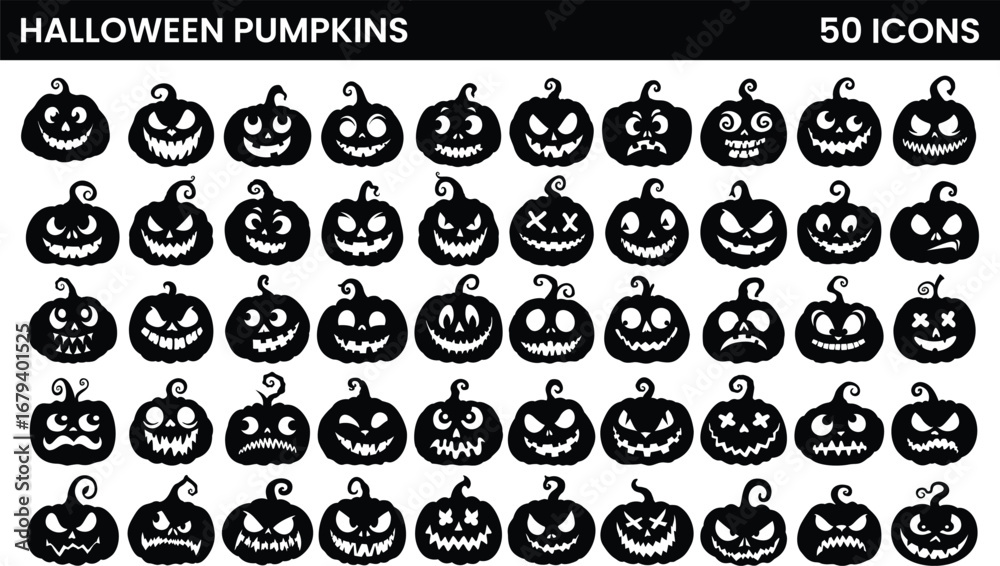 Set of Halloween pumpkins with a carved out scary faces. Vector illustration.
