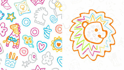 Illustration featuring a lion with colorful mane and various drawn objects on a white background