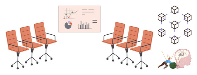 Office chairs face analytics chart. Human navigates brain with rope beside networked cube structures. Ideal for teamwork, analysis, strategy, creativity, problem-solving, innovation, education