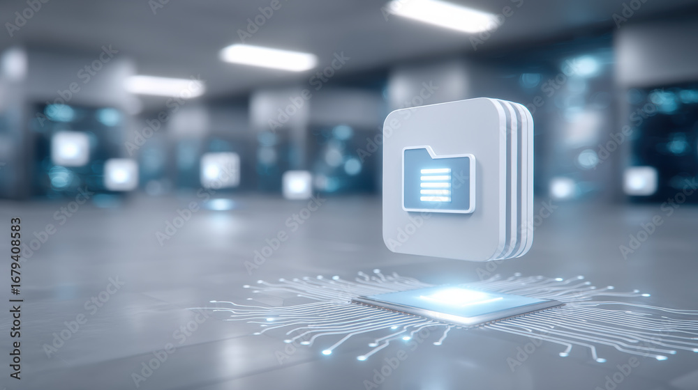 Digital file folder icon floating above microchip with glowing circuit ...